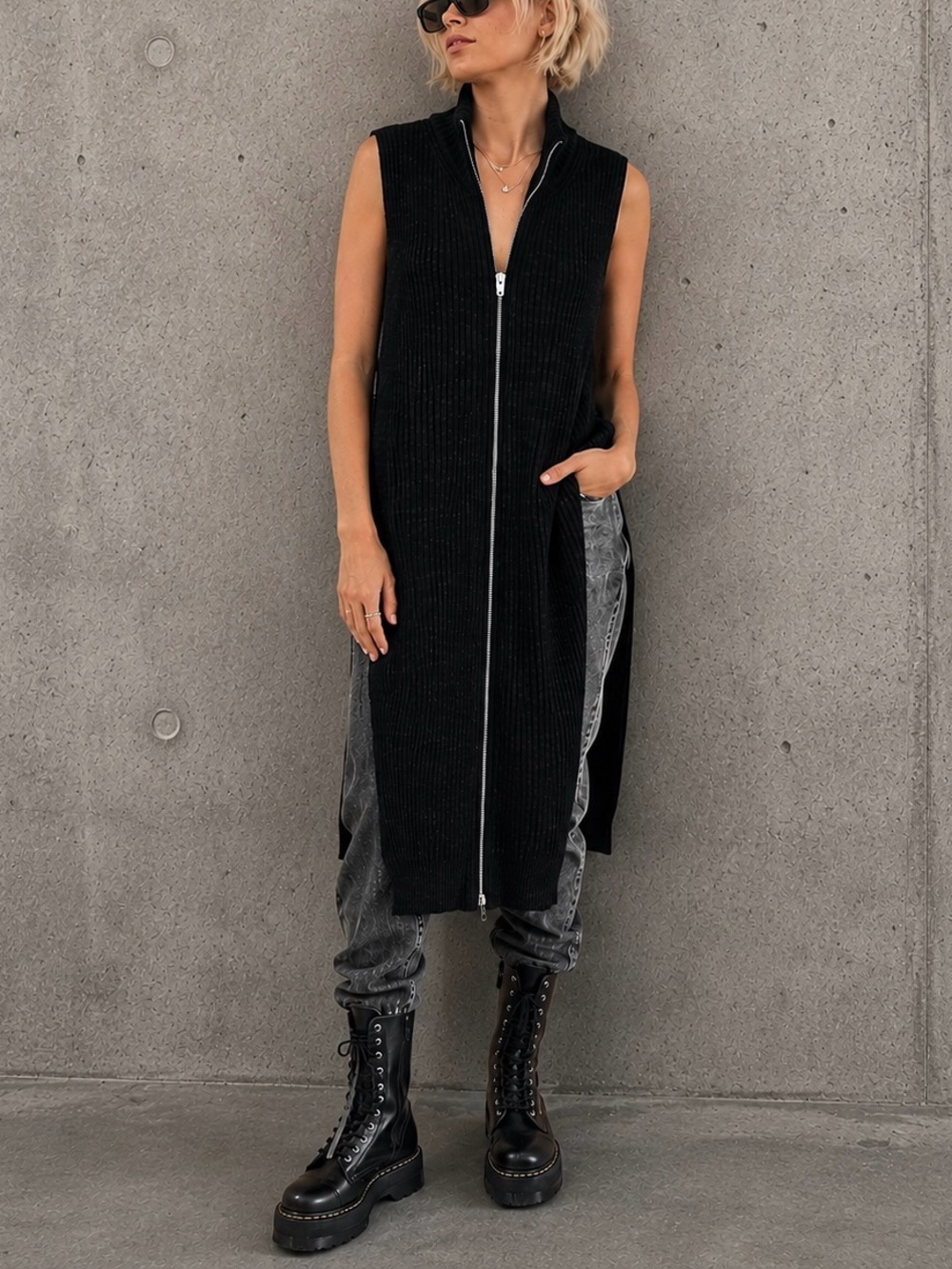ALEXANDER WANG Long Zip‎ Chunky Ribbed Knit Wool Sweater Vest